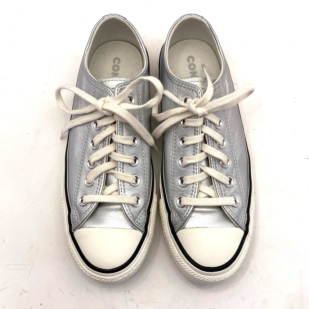 Converse All Star Womens‎ 6.5 Leather Silver Metallic Low Sneakers Shoes EUC